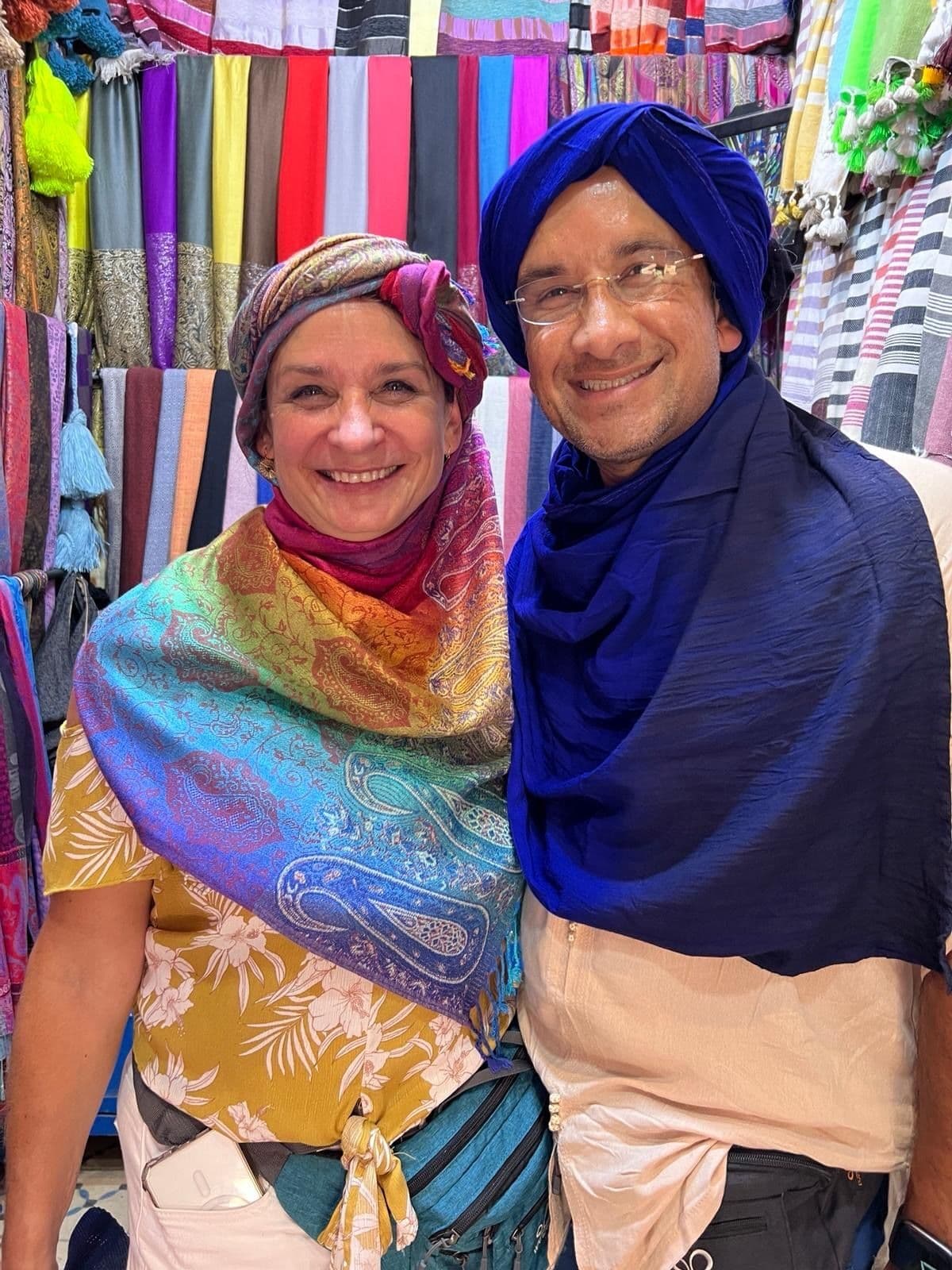 Pratip and Stacey in Morocco wearing ethnic clothes
